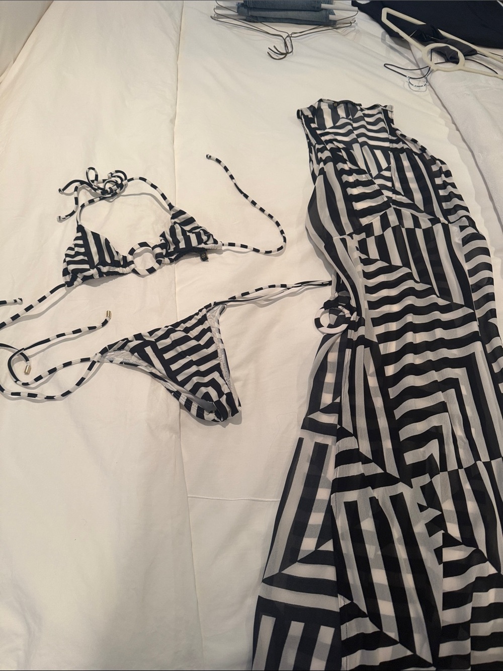 Black & White Striped Women’s Swim Coverup and Bikini Set